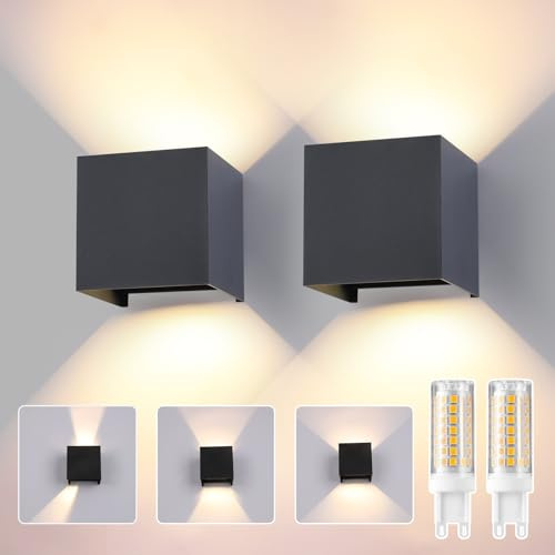 2 Pcs Aplique de Pared Exterior Interior Bombilla LED G9 Reemplazable IP65 Impermeable Lámparas de Pared 3000K Luz Cálido Apliques de exterior cuadrada de aluminio Ángulo de luz ajustable Antracita