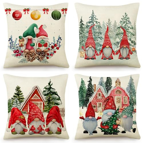 OYIMUA Deko Kissenbezug 40x40 Weihnachten 4er Set Festliche Bedruckt Weihnachtsdeko Leinen Kissenhülle Sofakissen für Outdoor & Innen