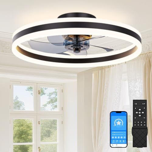 SUNKENET Ceiling Fans with Lights and Remote, 50cm Ceiling Fan Light, 3000K-6500K Dimmable Smart LED Fan Light, 6 Wind Speeds & Reversible, Black Modern Queit Fan Light Ceiling for Bedroom
