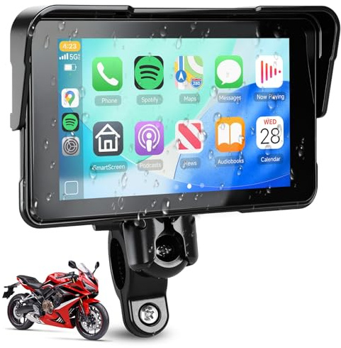 5-Inch Motorcycle CarPlay Screen Wireless Android Auto for Moto with GPS Navigation for Motorbike Bluetooth Voice Control Portable Moto Car Play Screen