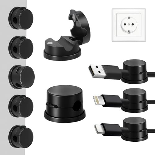 Marsred 10 Stück 360° Drehbar Kabelhalter Selbstklebend, Kabelführung Schreibtisch,Feder Kabel Organizer, Ladekabel Kabelmanagement Kabelschellen magnetisch,cable holder Schwarz