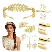 Masedy 8PCS Greek Goddess Costume Accessories Set for Women Grecian Golden Leaf Crown Headband Ring Halloween Costume Jewelry