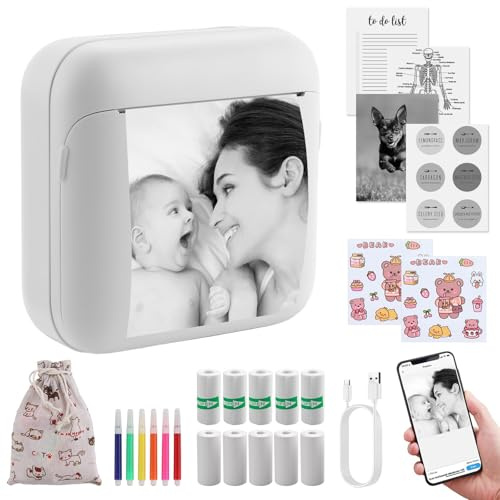 eSynic Portable Mini Phone Printer with 10 Rolls Of Thermal Paper Bluetooth Thermal Printer with Watercolor & Storage Bag for Android IOS Kid Sticker Machine for Photos, Journals, Study Notes, Travel