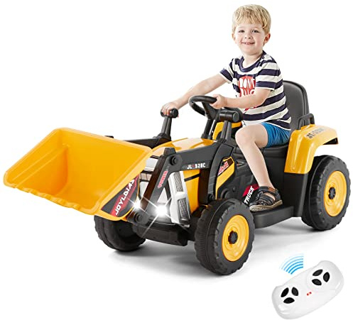 JOYLDIAS Ride On Excavator, 12V Electric Construction Vehicle Bulldozer/Tractor for Kids Digger W/Remote Control, 3 Speeds, Bluetooth, Music, Lights, Yellow