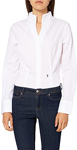 Sidenklistermärken damer blus – stadsblus – strykfri – blus med krage – smal passform – långärmad – 100% bomull, Vit, 48