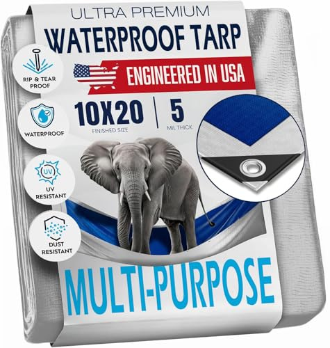 Telone impermeabile in plastica con occhielli ogni 45,7 cm x 50,4 cm, 5 mm, copertura impermeabile multiuso, per esterni, giardino, campeggio, sopravvivenza di emergenza (telone reversibile, blu e