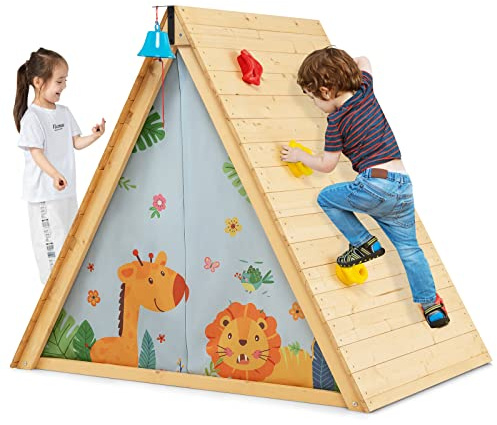 COSTWAY Casetta da Gioco per Bambini a Triangolo, Set di Gioco in Legno per Nascondiglio 2 in 1 con Pareti per Arrampicarsi e Tenda della Porta Rimovibile, Adatto per Bambini con età di 3-8 Anni