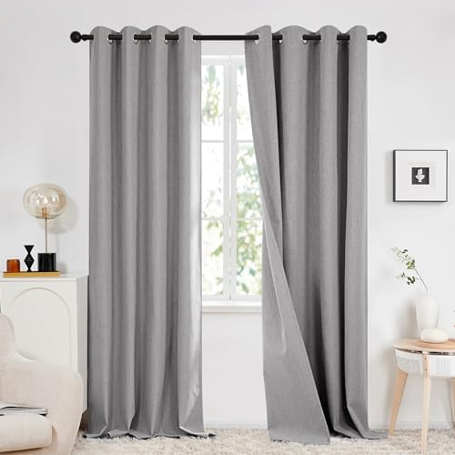 Deconovo Total Blackout Curtains with Double-sided Faux Linen, Grey Eyelet Thermal Insulated Curtains for Living Room, 66x90 Inch(Width x Length), Grey, 2 Panels