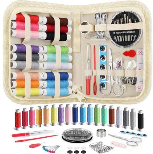 Coquimbo Kit da Cucito, Set da Cucito Accessori con Custodia per Trasporto, 85 Pezzi Kit Ago e Filo per Principianti, Casa, Viaggio e Emergenza Uso (Beige)