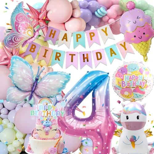 4 Jahre Geburtstagsdeko Deko Luftballons, Einhorn Deko, 4 Jahre Happy Birthday Deko, Einhorn Schmetterling Folienballon Geburtstag Deko