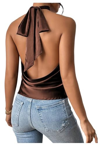 MakeMeChic Women's Satin Silk Backless Halter Tops High Neck Sleeveless Camisole Summer Classy Going Out Top Brown X-Small