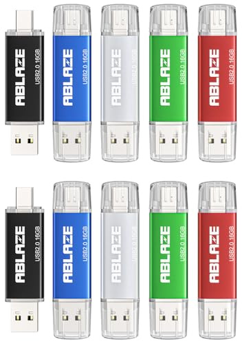 USB-minne USB C-sticka 16 GB 10 stycken, ABLAZE Dual OTG 2.0 Memory Stick 2-i-1 för Type-C mobiltelefon/smartphone/laptop/bärbar dator/PC