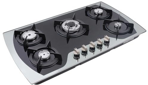 Piano cottura a gas a 5 fuochi con acciaio inossidabile e griglia in ghisa, potenza 5 kW, accensione a impulsi e spegnimento di sicurezza, per uso domestico/cucina, compatibile con GPL, gas naturale