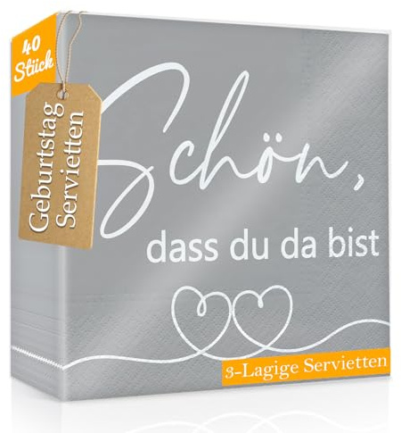 WenmthG 40 Stück Servietten mit Spruch 'Schön dass du da bist' für Geburtstag, Hochzeit, Einschulung und Party - 3-Lagige Weich Servietten 33 x 33 cm - Servietten Geburtstag Frau Mann