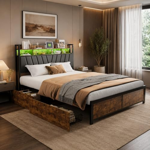 OLIVIBED Doppelbett 180x200 cm, Polsterbett aus Metall mit Lattenrost und Kopfteil, Bettgestell für Schlafzimmer, Vintage Braun und Schwarz, PU, Ohne Matratze