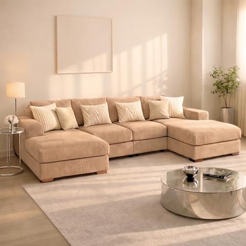 Sofaya Linen U Shaped Plain Sofa Full Back Sectional Chaise Sofa – Upholstered Fabric Couch with Cushions 4-5 Seater Sofa for Living Rooms (Beige Linen, U-Shaped Sofa)