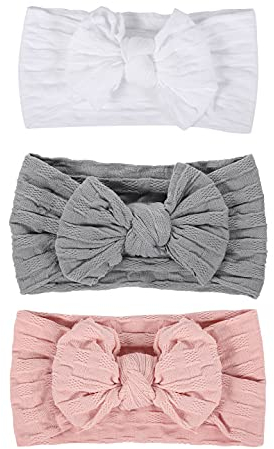 Makone Baby Stirnband 3 Stück, Elastisches Nylon Baby Haarband Mädchen Schleifen Stirnband, Haarschmuck für Kinder Neugeborene
