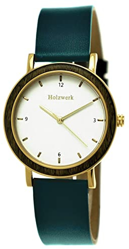 Holzwerk Germany Handgefertigte Designer Damen-Uhr - Öko Natur Holz Leder Armband Analog Klassisch Quarz Grün Gold Braun