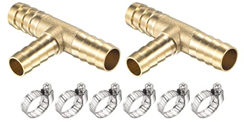 M METERXITY 2 Set Brass Hose Barb Fittings - 3/8 x 3/8 x 5/16 OD Brass Pipe Connector with Hose Clamps Apply to Water Fuel (T Shaped 3 Way)