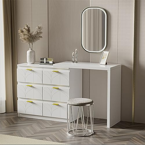 Sweiko Modern Kommode mit 6 Schubladen und Beistelltisch Tischplatte(180°), Sideboard mit Goldeten Griffen, Ablagefächern Schubladenkommode Mehrzweckschrank für Flur Schlafzimmer Wohnzimmer Badezimmer