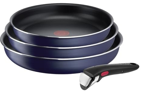Tefal Ingenio - Juego de 3 sartenes (22/24/26 cm, mango extraíble, sin inducción, revestimiento antiadherente, indicador de calor, base difusa, apilable, fabricado en Francia, Easy Cook N Clean