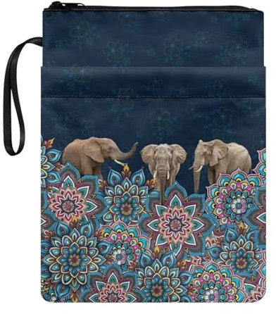 Poceacles Buchumschlag für Buchliebhaber, Boho Mandala Elefant Buchumschläge für Taschenbuch, Notizbuch, Lehrbuch, Hardcover, waschbare Buchumschläge mit Reißverschluss