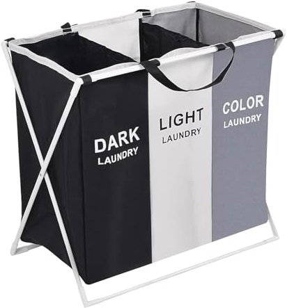 Trimming Shop Large 3 Compartment Collapsible Laundry Basket, Waterproof Foldable Storage Bag with Aluminium Frame for Dirty Clothes, Bed Sheets, Towels, Blankets, Toys Organization (Black/White/Grey)