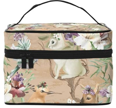 ESNAIUVCD Kulturbeutel mit Hirschvögeln mit Blumendruck, große Kosmetiktasche, Reise-Make-up-Tasche, Organizer für Damen, Schwarz , Einheitsgröße, Kosmetikkoffer