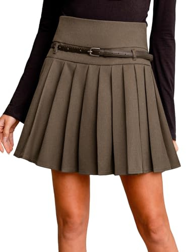 CUPSHE Fall/Winter Pleated Mini Skirt, College Style Bell Skirt with Fine Waist Belt, Women's Short Skirt, brown, XL