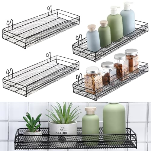 Sunnychicc 4 Pcs Black Metal Grid Wall Baskets with Hooks Hanging Wire Mesh Basket for Gridwall Wall Mounted Storage Organizer for Home Kitchen Organizing Display