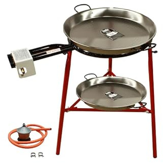 FERRETERIA LEPANTO Kit Paellero, Kit Paellero, Bruciatore a Gas butano, Paellera Acciaio Lucido, Regolatore Gas + 1,5 Metri di Tubo, Supporto a 3 Gambe Rinforzate (Lucidato, 55 CM)