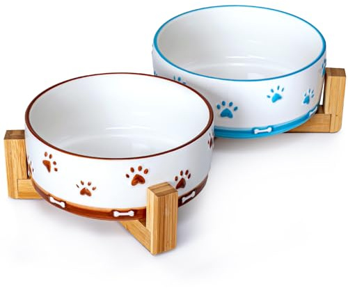 YUN TAO 2teiliges Keramik Hundenapf Set 3,5 Tassen 840 ml für mittelgroße Hunde Futternapf mit Holzständer becherförmige Napfschale mit Rutschfester Silikonmatte