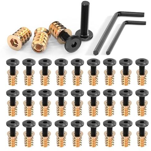 Wavanta 30Pcs M6 x 25mm Furniture Screw Nut Threaded Wood Inserts Bolt Fastener Connector Hex Socket Drive M6 x 15mm Screw-in Nuts with Wrenches