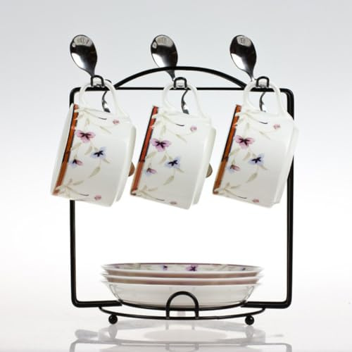 FACAIIO Soporte de acero inoxidable para tazas de café y platillos con ganchos para colgar para 6 tazas y 5 platos, organizador de cocina negro