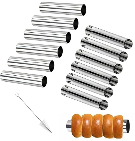 Set 12 Stampi per Cannoli in Acciaio Inox con Spazzolino – Tubi Antiaderenti per Cannoli Dolci e Salati, Rotoli di Sfoglia e Dolci da Forno