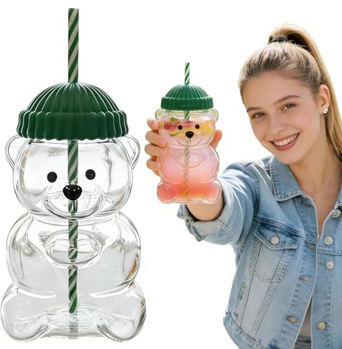 BestCustomSt Trinkhalmbecher mit süßem Bär, 590 ml, mit Deckel, für Kaffee, Milch und Teegetränke
