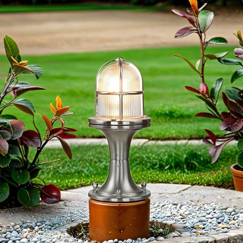 Licht-Erlebnisse Sockelleuchte Messing Glas in Nickel matt IP54 Garten Terrasse H:25 cm E27 Rustikal Maritime Outdoor Wegeleuchte Außen SANTORIN