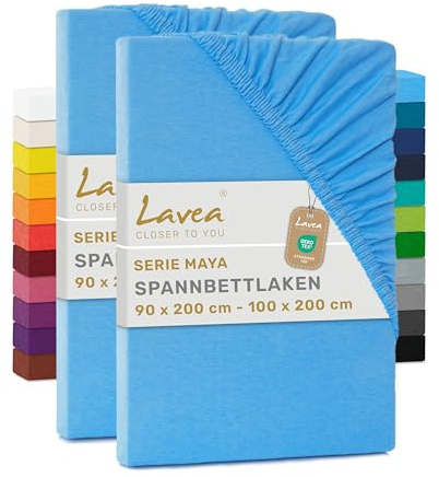 Lavea® Lot de 2 Draps-Housses 90x190/200 cm – Coton 100% Doux et Respirant – pour Matelas Épais Jusqu’à 20 cm – Jersey avec Élastique Tout Autour – Bleu Ciel