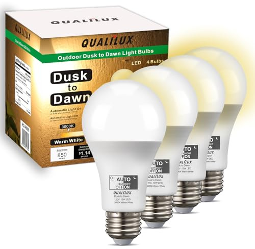 Qualilux Dusk to Dawn LED Light Bulbs Outdoor, Automatic On/Off, 60W Equivalent, Warm White 3000K, Energy Efficient 9.5W, 850 Lumen, A19, E26 Base, 4-Pack, HQ-H009