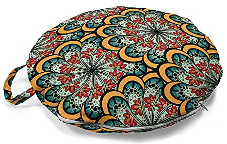 ABAKUHAUS Paisley Rundes Bodenkissen mit Griff, marokkanische Welle, dekoratives Kissen für Wohnzimmer & Schlafsäle, 45 cm, Braun Grün und Gelb