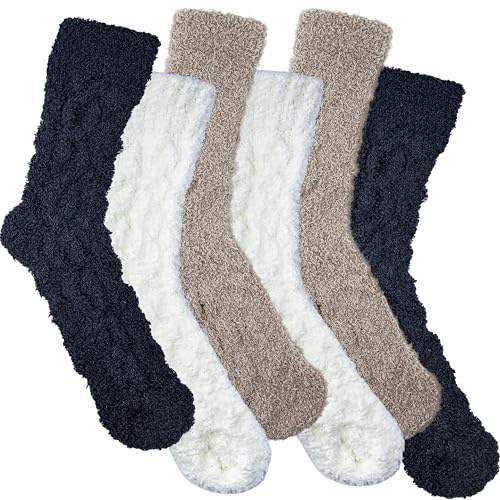 Drokenle 3 Pairs Womens Fuzzy Socks - Warm Fluffy Cozy Winter Plush Mid-Calf Coral Fleece Thermal House Socks for Women Men (Black, White, Khaki)