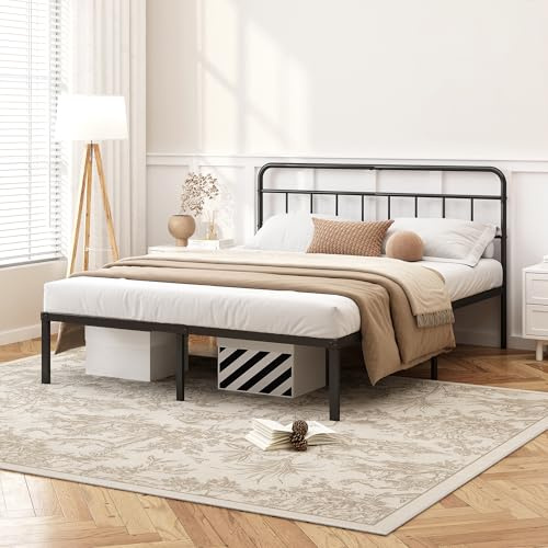 Kujielan 12 inches King Size Bed Frame with Minimalist Headboard, Black