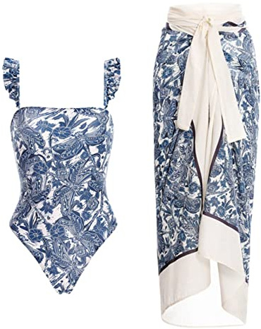 PAIDAXING Maillot de bain 2 pièces pour femme avec paréo assorti estival vintage imprimé fleuri monokini maillots de bain avec jupe longue enveloppante vêtement de plage bohémien pour les vacances, M