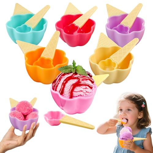 Shyllin 6 Coppette Gelato con Cucchiaio Riutilizzabili, Forma di Fiore di Prugno, Coppe Gelato Plastica, Ciotola per Gelato Color adatte per Servire Gelati, Dessert e Snack
