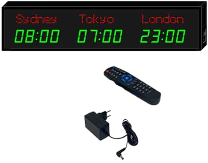 MhWrughts Orologio Mondiale, Orologio Digitale a LED con Diversi fusi orari - Orologio Mondiale con Telecomando, Città modificabile, 3 Livelli di luminosità per Hotel e uffici,2-Green&red-3City