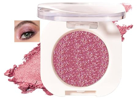 Glitter Rose Pink Eyeshadow Single Pressed Powder, High Sparkly Eye Shadow, Highly Pigmented, Long-Lasting & Sweatproof, Smooth & Blendable, Perfect for Daily, Party Stage Makeup