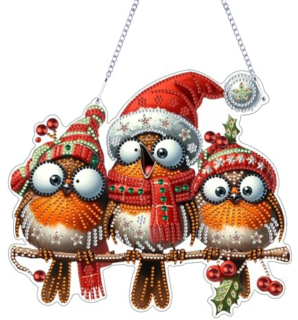 Diamond Painting Weihnachten Deko Anhänger, 5D Doppelseitig Diamant Painting Weihnachten Vogel Fensterdeko mit Kette, Weihnachtsdeko Diamant Malerei Hängend Kunst Set für Erwachsene Kinder Geschenk