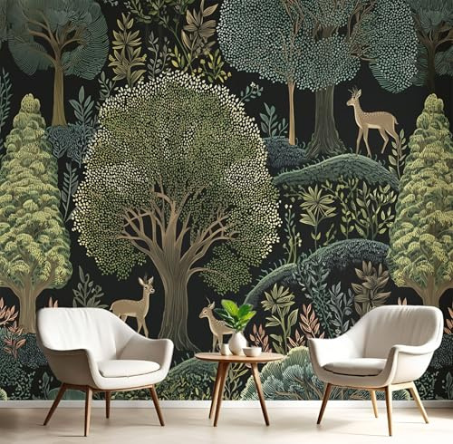 Carta da parati 200×140cm Fotomurali in Murale Decorazione da Muro Bosco Cervi Alberi, Fotomurali Non Tessuto Animali Piante Camera da Letto, Ristrutturazione di Pareti Verde Scuro