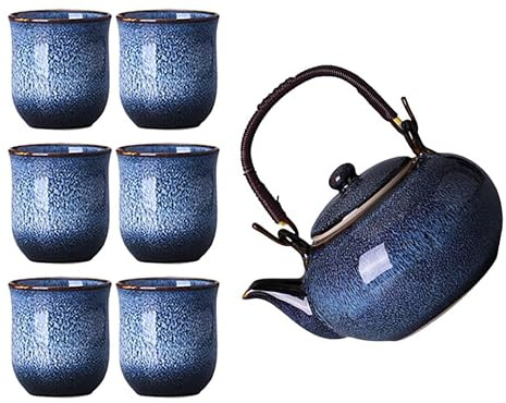 MAGICLULU Service à Thé Kung Fu en Céramique Émaillée Grosse Capacité 800 Ml Bleu Foncé 1 Théière Ergonomique 6 Tasses 130 Ml pour Adultes Usage Familial Bureau