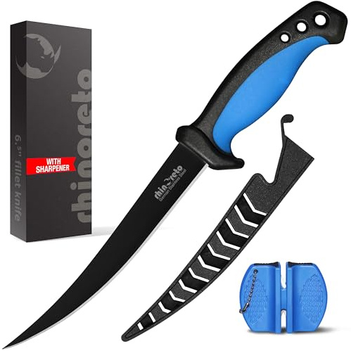 Rhinoreto Fillet Knife for Fish - Razor Sharp G4116 German Stainless Steel Blade, 6.5 Inch Professional Filleting & Boning Knife with Non-Slip Handle, Protective Sheath & Sharpener